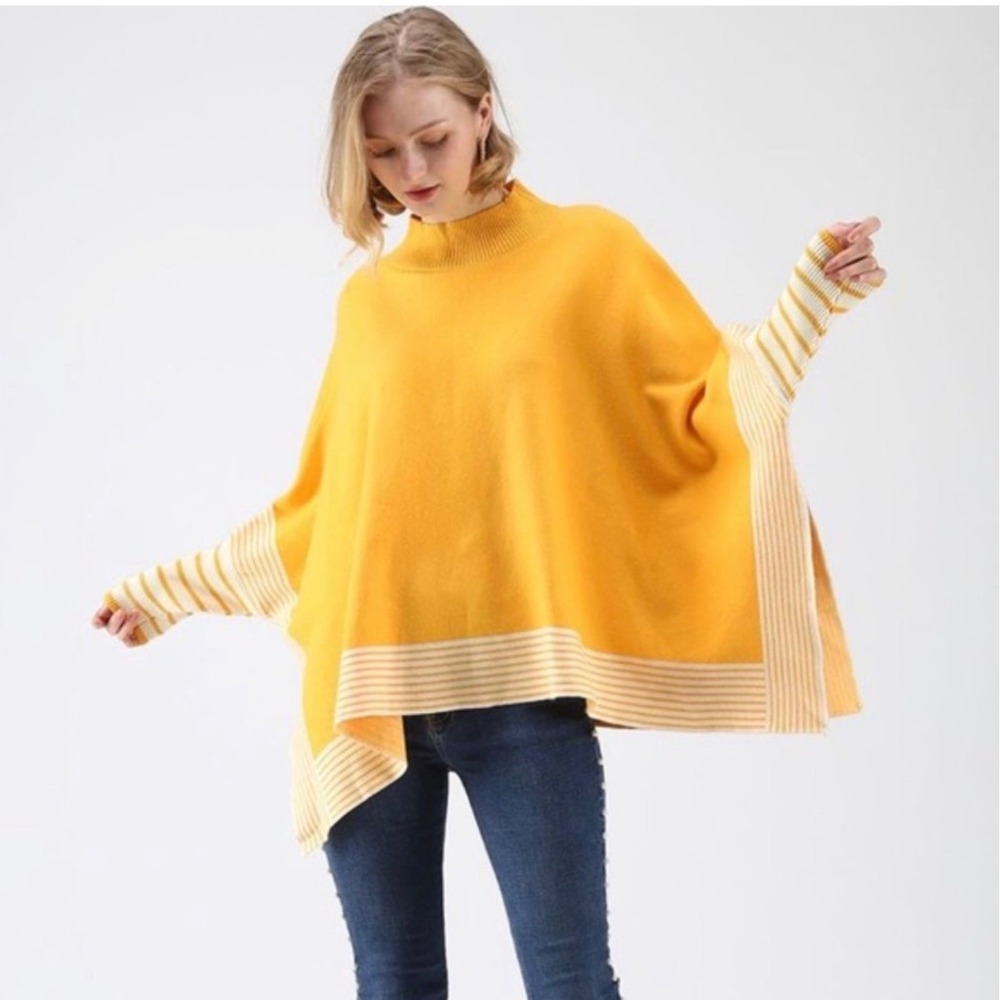 Chicwish Yellow Striped Poncho Sweater Oversized Preppy Coastal Nautical Chic